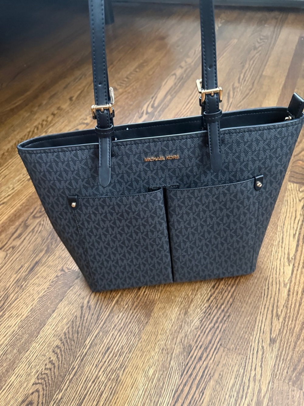 Michael Kors Black MK Logo Tote with Front Pockets and Gold Hardware
